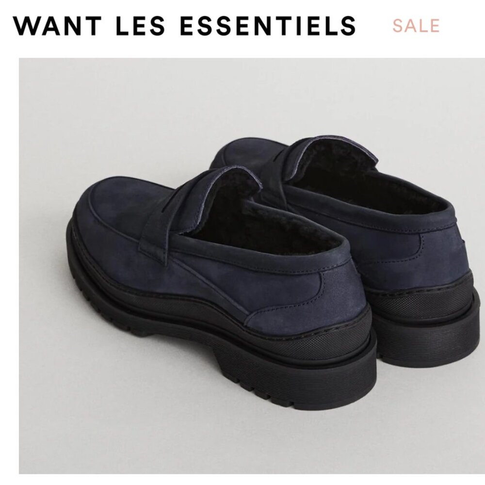 Want Les Essentiels (Portugal) Graves Shearling Lugged Navy Loafers-Size 39-BNWT
